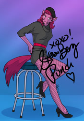 Size: 700x1000 | Tagged: safe, berry punch, berryshine, earth pony, anthro, plantigrade anthro, g4, bar stool, beret, blue background, commission, female, fishnet stockings, gradient background, hat, high heels, lauren bacall, looking offscreen, pinup, pose, purple background, shadow, shoes, signature, solo, starlet