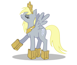 Size: 2957x2500 | Tagged: safe, artist:eris, artist:forsakensharikan, derpy hooves, pegasus, pony, g4, bag, cardboard crown, clothes, costume, crown, eyes closed, female, jewelry, mare, nightmare night costume, paper bag, paper bag wizard, peytral, pose, princess derpy, raised leg, regalia, simple background, solo, spread wings, tape, transparent background, vector, vector trace, wings