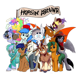 Size: 5000x5000 | Tagged: safe, artist:midnightpremiere, artist:taurson, oc, oc only, oc:blueberry, oc:dicey digs, oc:fiesta, oc:hors, oc:lahtdah, oc:sports news, oc:trigger, oc:wing, unicorn, 2024 community collab, derpibooru community collaboration, group, simple background, transparent background