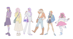 Size: 2048x1080 | Tagged: safe, artist:carro-carrot, applejack, fluttershy, pinkie pie, rainbow dash, rarity, twilight sparkle, human, equestria girls, g4, boots, clothes, cowboy hat, female, hat, headphones, hijab, human coloration, humanized, looking at you, mane six, purse, shoes, simple background, skirt, white background