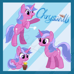 Size: 2048x2048 | Tagged: safe, artist:rayelli, oc, oc only, oc:chrysanlli, pony, unicorn, bipedal, cute, female, lying down, mare, simple background, solo, standing