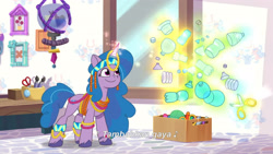 Size: 3072x1727 | Tagged: safe, screencap, izzy moonbow, pony, unicorn, g5, heavy is the mane that wears the fruit crown, my little pony: tell your tale, spoiler:g5, spoiler:my little pony: tell your tale, spoiler:tyts02e02, crystal brighthouse, female, indonesian, magic, mare, scissors, smiling, solo, subtitles, telekinesis