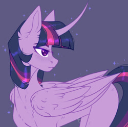 Size: 900x898 | Tagged: safe, artist:lunasariie, twilight sparkle, alicorn, pony, g4, concave belly, curved horn, female, flank, folded wings, horn, large wings, looking back, mare, missing cutie mark, purple background, simple background, slender, sparkles, sternocleidomastoid, thin, turned head, twilight sparkle (alicorn), wings