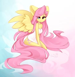 Size: 995x1024 | Tagged: safe, artist:shooshaa, fluttershy, pegasus, anthro, g4, abstract background, big ears, breasts, busty fluttershy, cleavage, eye clipping through hair, eyebrows, eyebrows visible through hair, female, gradient background, kneeling, lidded eyes, solo, spread wings, stupid sexy fluttershy, wings