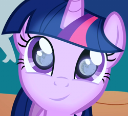 Size: 788x719 | Tagged: safe, edit, edited screencap, editor:twilyisbestpone, screencap, twilight sparkle, pony, unicorn, friendship is magic, g4, season 1, cropped, eye reflection, female, golden oaks library, inverted mouth, mare, mare in the moon, moon, reflection, smiling, solo, unicorn twilight