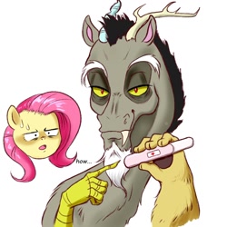 Size: 1024x1024 | Tagged: safe, artist:n0thingbutath0ught, discord, fluttershy, draconequus, pegasus, g4, ..., female, implied male pregnancy, male, male pregnancy, meme, pregcord, pregnancy test, pregnancy test meme, pregnant, ship:discoshy, shipping, simple background, straight, text, white background