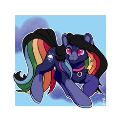 Size: 4000x4000 | Tagged: safe, artist:whatamellon, oc, oc only, oc:elenity, earth pony, pony, absurd resolution, accessory, blaze (coat marking), chest fluff, choker, cloud, coat markings, colored ears, colored hooves, colored muzzle, cute, ears up, earth pony oc, eyeshadow, facial markings, female, full body, hidden coloring, horseshoes, lomg tail, long mane, makeup, mare, multicolored hair, multicolored mane, multicolored tail, pink eyes, rainbow, rainbow hair, rainbow tail, raised hoof, shading, signature, smiling, socks (coat markings), tail, two toned coat