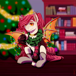 Size: 5000x5000 | Tagged: safe, artist:whatamellon, oc, oc only, bat pony, original species, pony, bookshelf, christmas, christmas tree, garland, happy new year, holiday, solo, tree, wreath