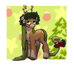 Size: 4500x4000 | Tagged: safe, artist:whatamellon, oc, oc only, unnamed oc, deer, pony, christmas, christmas tree, full body, happy new year, holiday, solo, tree, wreath