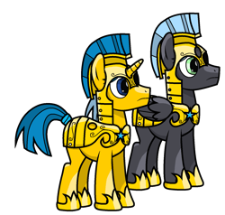 Size: 1437x1369 | Tagged: safe, artist:objectyu, oc, oc only, oc:golden horn, oc:heavy rain (mtr), pegasus, pony, unicorn, armor, duo, royal guard, simple background, transparent background