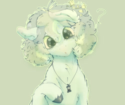 Size: 1383x1162 | Tagged: safe, artist:fealcity, oc, oc only, oc:woozy twinkle, earth pony, pony, chest fluff, confused, ear fluff, fluffy mane, green background, jewelry, necklace, question mark, raised hoof, simple background, solo