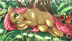 Size: 3508x1996 | Tagged: safe, artist:neoshrek, fluttershy, pegasus, pony, g4, bedroom eyes, belly button, crepuscular rays, cute, daaaaaaaaaaaw, female, floppy ears, folded wings, grass, high res, looking at you, lying down, mare, mushroom, on side, open mouth, open smile, shyabetes, smiling, smiling at you, solo, tree, wings