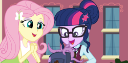 Size: 2151x1071 | Tagged: safe, composite screencap, edit, edited screencap, screencap, fluttershy, sci-twi, spike, twilight sparkle, human, tentacle monster, equestria girls, g4, my little pony equestria girls: friendship games, backpack, bare shoulders, canterlot high, clothes, crystal prep academy uniform, female, glasses, hair bun, hairpin, implied spike, outdoors, school uniform, skirt, sleeveless, smiling, species swap, tank top, tentacles