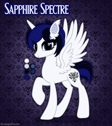 Size: 2000x2240 | Tagged: safe, artist:lovinglypromise, oc, oc:sapphire spectre, alicorn, pony, female, mare, reference sheet, solo