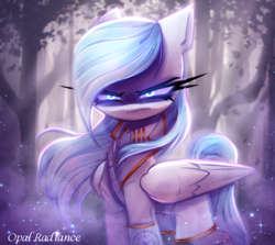 Size: 2940x2626 | Tagged: safe, artist:opal_radiance, oc, oc only, oc:opal rosamond, pegasus, pony, angry, clothes, eyebrows, female, folded wings, forest background, frown, glowing, glowing eyes, high res, mare, pegasus oc, signature, solo, suit, wings