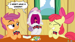 Size: 6600x3749 | Tagged: safe, artist:kuren247, apple bloom, scootaloo, sweetie belle, earth pony, pegasus, pony, unicorn, g4, card, card game, clubhouse, cocky, crusaders clubhouse, cutie mark crusaders, deck of cards, female, filly, foal, giggling, laughing, ninja, open mouth, parody, screaming, show accurate, smiling, smirk, smug, speech bubble, sweetie yelle, table, text, treehouse, uno, volumetric mouth, yelling