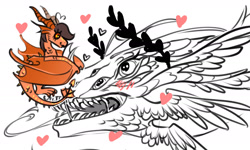 Size: 2140x1287 | Tagged: safe, artist:opalacorn, oc, oc only, oc:robertapuddin, oc:void, chinese dragon, dragon, blush lines, blushing, dragoness, dragonified, duo, female, floating heart, heart, laurel wreath, looking at each other, looking at someone, simple background, size difference, species swap, white background