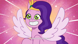 Size: 3072x1727 | Tagged: safe, screencap, pipp petals, pegasus, pony, g5, heavy is the mane that wears the fruit crown, my little pony: tell your tale, spoiler:g5, spoiler:my little pony: tell your tale, spoiler:tyts02e02, adorapipp, cute, female, flying, grin, indonesian, mare, smiling, solo, spread wings, starry eyes, subtitles, wingding eyes, wings