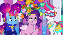 Size: 3072x1727 | Tagged: safe, screencap, misty brightdawn, pipp petals, zipp storm, pegasus, pony, unicorn, g5, heavy is the mane that wears the fruit crown, my little pony: tell your tale, spoiler:g5, spoiler:my little pony: tell your tale, spoiler:tyts02e02, adorapipp, crystal brighthouse, cute, female, goggles, lip bite, mare, rebirth misty, royal sisters (g5), siblings, sisters, smiling, trio, trio female
