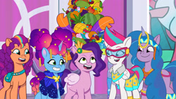 Size: 3072x1727 | Tagged: safe, screencap, izzy moonbow, misty brightdawn, pipp petals, sunny starscout, zipp storm, earth pony, pegasus, pony, unicorn, g5, heavy is the mane that wears the fruit crown, my little pony: tell your tale, spoiler:g5, spoiler:my little pony: tell your tale, spoiler:tyts02e02, crystal brighthouse, cute, female, goggles, grin, mane stripe sunny, mare, open mouth, open smile, rebirth misty, royal sisters (g5), siblings, sisters, smiling, sunnybetes