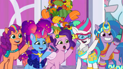 Size: 3072x1727 | Tagged: safe, screencap, izzy moonbow, misty brightdawn, pipp petals, sunny starscout, zipp storm, earth pony, pegasus, pony, unicorn, g5, heavy is the mane that wears the fruit crown, my little pony: tell your tale, spoiler:g5, spoiler:my little pony: tell your tale, spoiler:tyts02e02, :o, crystal brighthouse, female, goggles, grin, mane stripe sunny, mare, open mouth, open smile, rebirth misty, royal sisters (g5), siblings, sisters, smiling