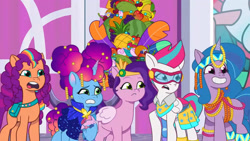 Size: 3072x1727 | Tagged: safe, screencap, izzy moonbow, misty brightdawn, pipp petals, sunny starscout, zipp storm, earth pony, pegasus, pony, unicorn, g5, heavy is the mane that wears the fruit crown, my little pony: tell your tale, spoiler:g5, spoiler:my little pony: tell your tale, spoiler:tyts02e02, crystal brighthouse, eyebrows, female, frown, goggles, grin, mane stripe sunny, mare, open mouth, raised eyebrow, rebirth misty, royal sisters (g5), siblings, sisters, smiling