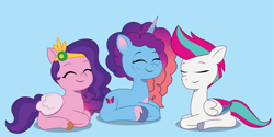 Size: 2701x1351 | Tagged: safe, artist:prixy05, misty brightdawn, pipp petals, zipp storm, pegasus, pony, unicorn, g5, my little pony: tell your tale, adorapipp, adorazipp, behaving like a cat, blue background, cute, eyes closed, female, i can't believe it's not hasbro studios, lying down, mare, mistybetes, ponyloaf, prone, rebirth misty, show accurate, simple background, trio, trio female