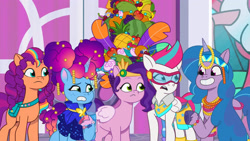 Size: 3072x1727 | Tagged: safe, screencap, izzy moonbow, misty brightdawn, pipp petals, sunny starscout, zipp storm, earth pony, pegasus, pony, unicorn, g5, heavy is the mane that wears the fruit crown, my little pony: tell your tale, spoiler:g5, spoiler:my little pony: tell your tale, spoiler:tyts02e02, crystal brighthouse, female, frown, goggles, grin, mane stripe sunny, mare, open mouth, rebirth misty, royal sisters (g5), siblings, sisters, smiling