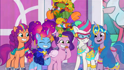 Size: 3072x1727 | Tagged: safe, screencap, izzy moonbow, misty brightdawn, pipp petals, sunny starscout, zipp storm, earth pony, pegasus, pony, unicorn, g5, heavy is the mane that wears the fruit crown, my little pony: tell your tale, spoiler:g5, spoiler:my little pony: tell your tale, spoiler:tyts02e02, crystal brighthouse, cute, eyebrows, female, goggles, grin, izzybetes, mane stripe sunny, mare, mistybetes, open mouth, open smile, raised eyebrow, rebirth misty, royal sisters (g5), siblings, sisters, smiling