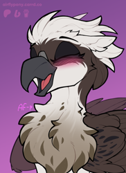 Size: 1000x1375 | Tagged: safe, artist:airfly-pony, oc, oc only, oc:valkyrie, griffon, 2023, beak, blushing, chest fluff, commission, eyes closed, female, fluffy, folded wings, gradient background, griffon oc, laughing, open beak, open mouth, simple background, smiling, solo, spots, wings