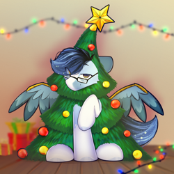 Size: 3000x3000 | Tagged: safe, artist:o0o-bittersweet-o0o, oc, oc only, oc:soaring spirit, pegasus, pony, armor, christmas, christmas lights, christmas tree, coat markings, colored wings, eye clipping through hair, facial markings, glasses, holiday, indoors, looking at you, male, markings, multicolored hair, multicolored mane, present, raffle prize, raised leg, sitting, smiling, spread wings, stallion, three toned wings, tree, two toned wings, wing armor, wing brace, wings