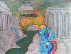 Size: 3492x2641 | Tagged: safe, artist:dhm, rainbow dash, pegasus, pony, g4, classical architecture, cloud, cloudsdale, colored pencil drawing, flying, from behind, horizon, marker drawing, mixed media, pen drawing, silhouette, sky, sunrise, sunset, traditional art, water, waterfall