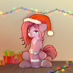 Size: 3000x3000 | Tagged: safe, artist:o0o-bittersweet-o0o, oc, oc only, earth pony, pony, christmas, christmas lights, eye clipping through hair, female, hat, holiday, indoors, looking at you, mare, present, raised leg, santa hat, sitting, smiling