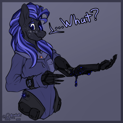 Size: 2800x2800 | Tagged: safe, artist:stardustspix, oc, oc only, oc:disthene, cyborg, earth pony, anthro, amputee, clothes, coat markings, colored eyebrows, colored eyelashes, colored pupils, concerned, dialogue, earth pony oc, freckles, high res, looking at you, male, prosthetic arm, prosthetic eye, prosthetic limb, prosthetics, rain world, solo, stallion, sweat, sweatdrop, the rot