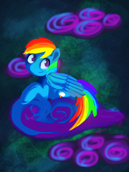 Size: 768x1024 | Tagged: safe, artist:magictrip, rainbow dash, pegasus, pony, g4, cloud, female, lying down, mare, on a cloud, smiling, solo