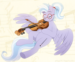 Size: 1500x1239 | Tagged: safe, artist:higglytownhero, oc, oc only, oc:marcata maestoso, pegasus, pony, eyes closed, female, flying, glasses, hair tie, musical instrument, ponytail, smiling, solo, spread wings, violin, wings