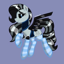 Size: 2048x2048 | Tagged: safe, artist:chelseawest, oc, oc only, oc:achromia, pegasus, pony, robot, robot pony, black sclera, blue eyes, clothes, lavender background, simple background, socks, solo, striped socks