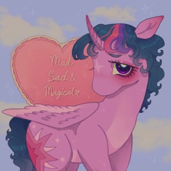 Size: 1440x1440 | Tagged: safe, artist:ariariari.png, twilight sparkle, alicorn, pony, g4, alternate hairstyle, bags under eyes, bangs, cloud, colored belly, colored eyebrows, colored wings, colored wingtips, day, eyebrows, eyelashes, female, folded wings, heart, heart eyes, horn, lidded eyes, looking at you, mare, profile, sad, sky, solo, sparkles, text, turned head, twilight sparkle (alicorn), wing fluff, wingding eyes, wings