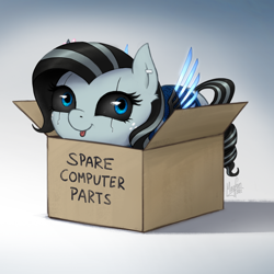 Size: 1300x1300 | Tagged: safe, artist:magfen, oc, oc only, oc:achromia, pegasus, pony, robot, robot pony, :p, box, cardboard box, commission, female, if i fits i sits, mare, pony in a box, silly face, solo, tongue out, ych result
