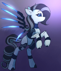 Size: 1755x2047 | Tagged: safe, artist:tatykin, oc, oc only, oc:achromia, pegasus, pony, robot, robot pony, black sclera, blue eyes, gradient background, not rarity, solo