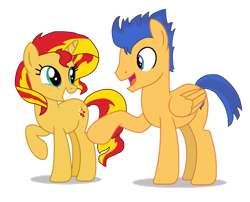 Size: 1280x1036 | Tagged: safe, artist:mlp-headstrong, flash sentry, sunset shimmer, pegasus, pony, unicorn, g4, duo, female, male, mare, raised hoof, ship:flashimmer, shipping, simple background, stallion, straight, transparent background