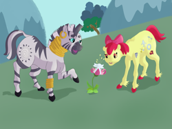 Size: 3003x2247 | Tagged: safe, artist:kokoropancake, apple bloom, zecora, earth pony, pony, zebra, g4, the cutie pox, cutie pox, female, filly, flower, foal, high res, mare, multiple cutie marks, unshorn fetlocks