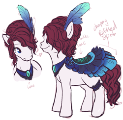 Size: 921x903 | Tagged: safe, artist:pawprintstars, oc, oc only, oc:madame gateau, earth pony, pony, beauty mark, clothes, dress, feather, feather in hair, female, garter, hair over one eye, mare, reference sheet, saddle, simple background, smiling, solo, tack, white background