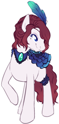 Size: 552x1160 | Tagged: safe, artist:pawprintstars, oc, oc only, oc:madame gateau, earth pony, pony, beauty mark, clothes, dress, eyepatch, feather, feather in hair, female, garter, hair over one eye, lidded eyes, mare, simple background, smiling, solo, white background