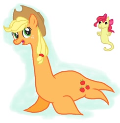 Size: 599x610 | Tagged: safe, artist:systema, apple bloom, applejack, plesiosaur, seahorse, g4, apple sisters, race swap, siblings, simple background, sisters, species swap, white background