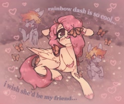 Size: 3039x2550 | Tagged: safe, artist:apples823, fluttershy, rainbow dash, butterfly, pegasus, pony, g4, :c, blushing, butterfly on butt, cats millionaire, colored hooves, cute, daydream, eyes closed, eyes open, female, filly, filly fluttershy, filly rainbow dash, floating heart, frown, hair over one eye, heart, insect on someone, lesbian, lying down, no pupils, open mouth, open smile, prone, shiny hooves, ship:flutterdash, shipping, shyabetes, smiling, song reference, unshorn fetlocks, unsure, younger