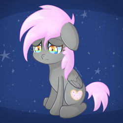 Size: 5000x5000 | Tagged: safe, artist:bubblegooey, oc, oc only, oc:nyan pony, pegasus, pony, absurd resolution, cute, floppy ears, folded wings, heart, heart eyes, looking down, multicolored eyes, nyan cat, ponified, rainbow eyes, redraw, sad, sadorable, short hair, short tail, signature, sitting, stars, tail, wingding eyes, wings