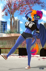 Size: 1080x1648 | Tagged: safe, artist:anthroponiessfm, oc, oc:layla horizon, bat pony, anthro, 3d, anthro oc, bat pony oc, clothes, collar, converse, cute, fangs, female, looking at you, park, shoes, short shirt, shorts, source filmmaker