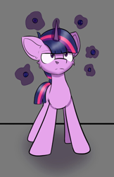 Size: 548x844 | Tagged: safe, artist:cotarsis, twilight sparkle, pony, unicorn, g4, angry, gray background, looking at you, magic, simple background, sketch, solo
