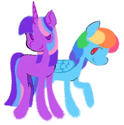 Size: 1356x1366 | Tagged: safe, artist:partyponypower, rainbow dash, twilight sparkle, pegasus, pony, unicorn, g4, alternate universe, blue coat, duo, duo male and female, female, horn, male, missing cutie mark, multicolored hair, purple coat, rainbow hair, simple background, smiling, trans male, trans rainbow dash, transgender, unicorn twilight, white background, wings